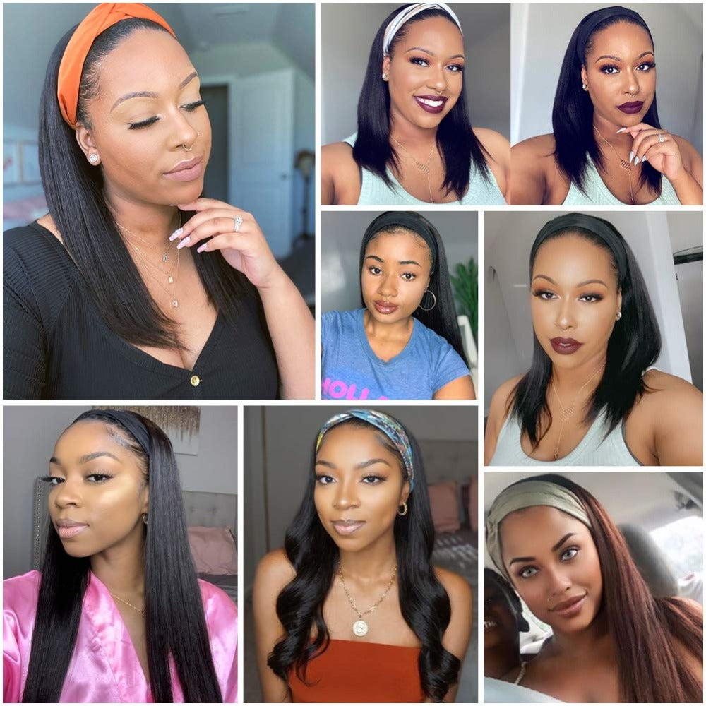 Amanda Headband Straight Human Hair Glueless Wig Natural Black Color With Pre-Attached Scalf