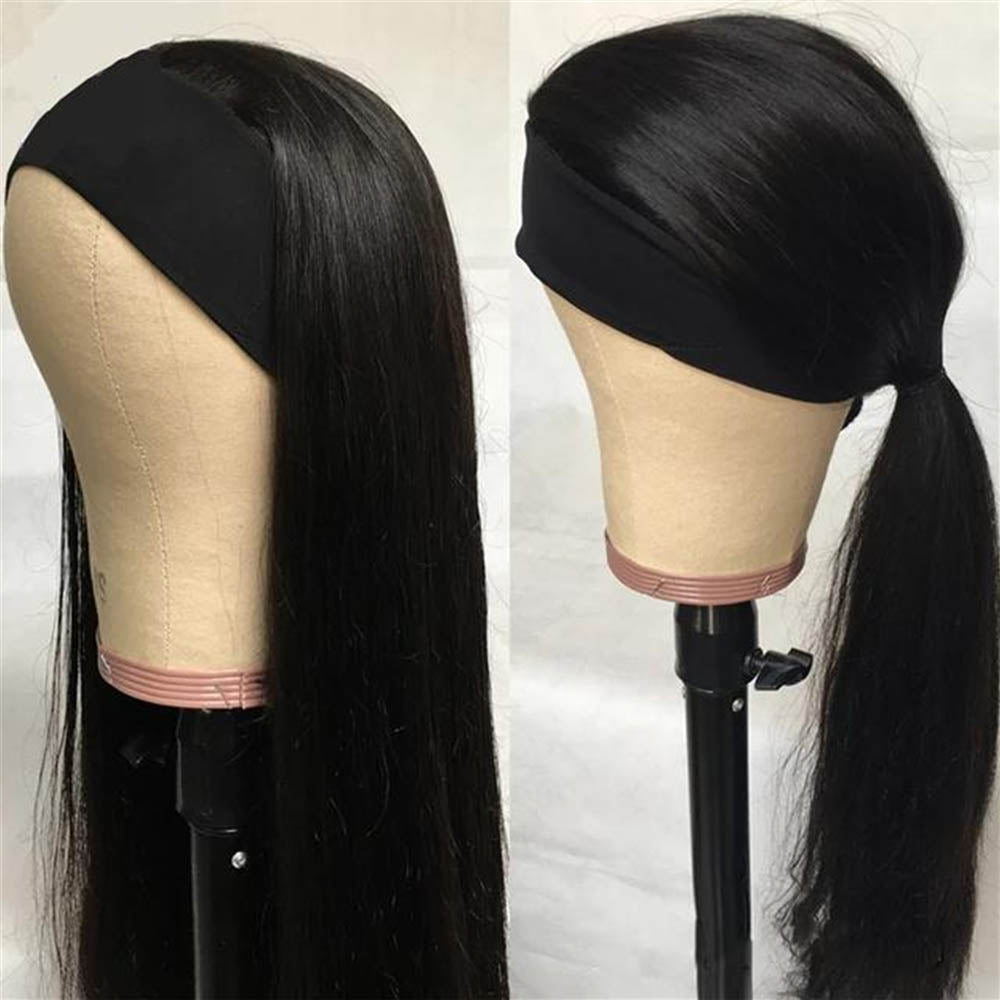 Amanda Headband Straight Human Hair Glueless Wig Natural Black Color With Pre-Attached Scalf