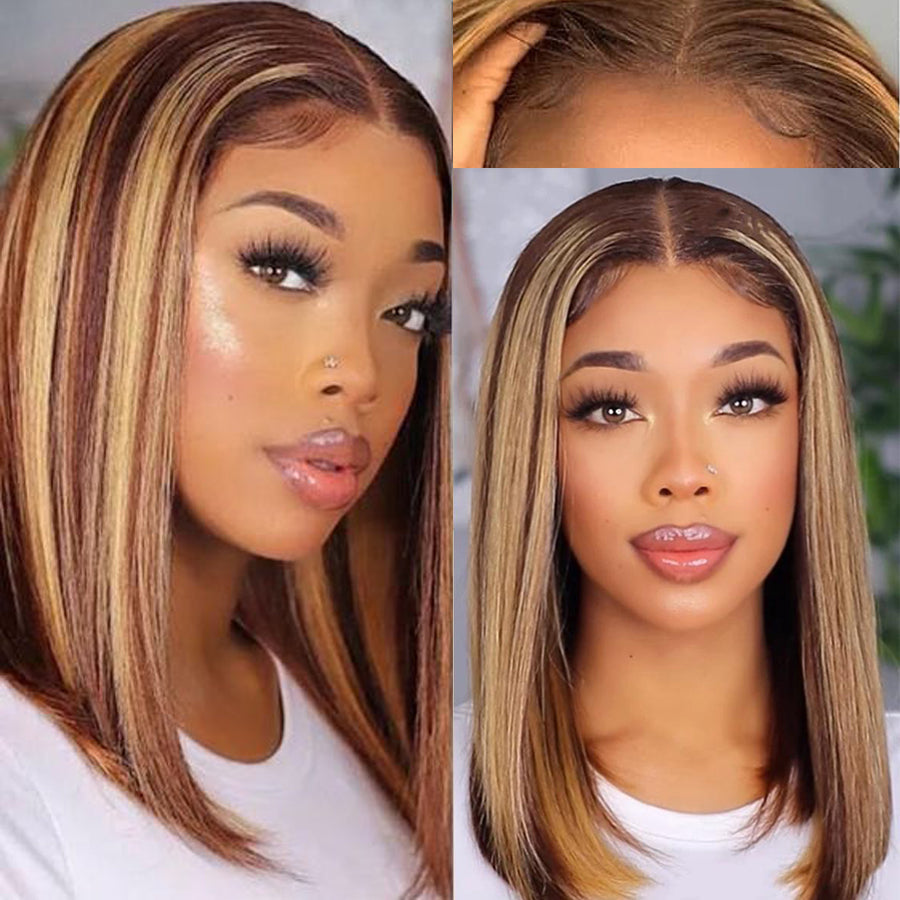 Straight Hair Honey Blonde Highlight Bob Wig 13*4 Lace Frontal Colored Wigs-Amanda Hair