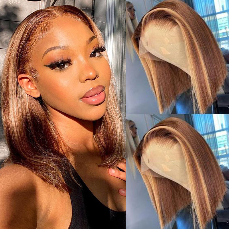 Ombre Color Straight Human Hair Honey Blonde Bob Highlight Wig 150% Density-Amanda Hair