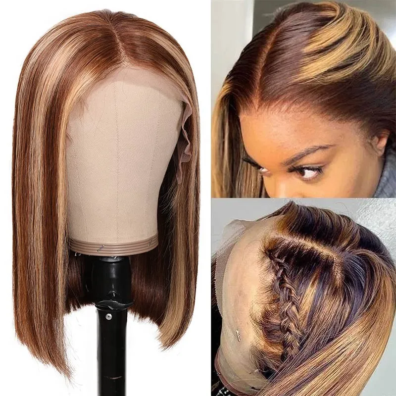 Straight Hair Honey Blonde Highlight Bob Wig 13*4 Lace Frontal Colored Wigs-Amanda Hair