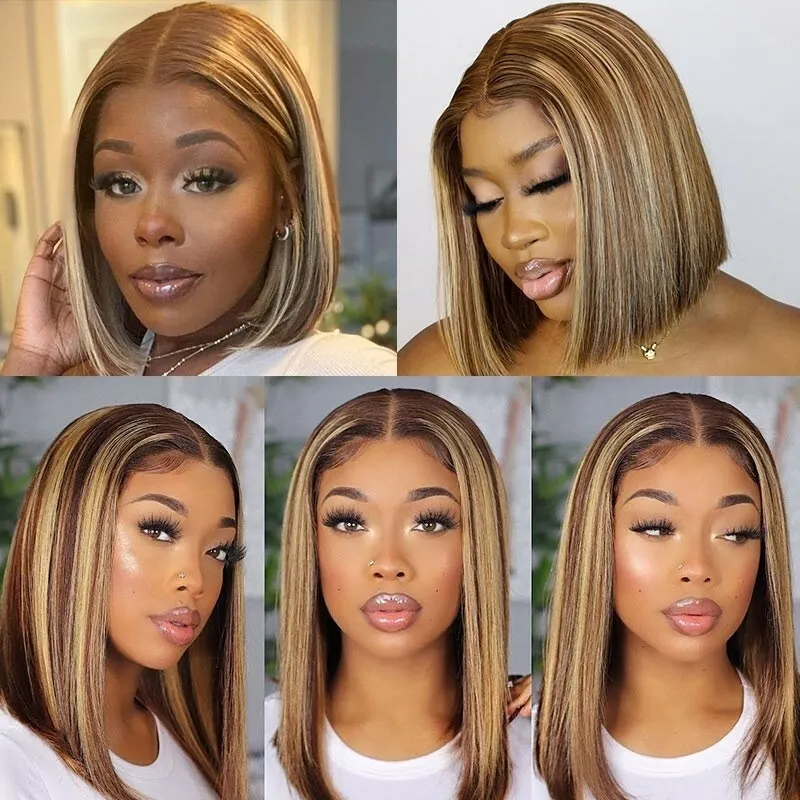 Straight Hair Honey Blonde Highlight Bob Wig 13*4 Lace Frontal Colored Wigs-Amanda Hair
