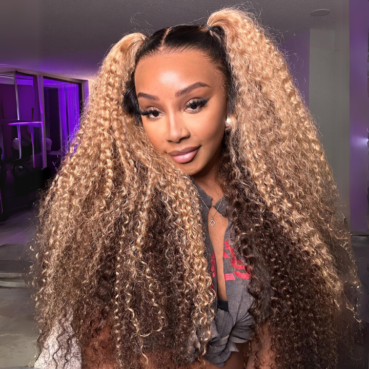 Flash Sale: $0 get The Bob Wig Highlight Color Honey Blonde Curly HD Transparent Lace Front/Closure Wig With Brown Roots- Amanda Hair