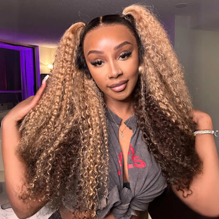 Flash Sale: $0 get The Bob Wig Highlight Color Honey Blonde Curly HD Transparent Lace Front/Closure Wig With Brown Roots- Amanda Hair