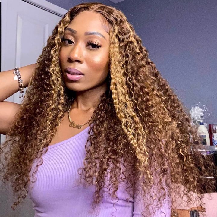 Glueless Highlight Curly Lace Front Human Hair Wig Ombre Blonde Lace Front Wig for Women-Amanda Hair