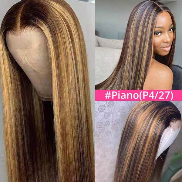 FLASH SALE $99 : P4/27 Color Honey Blonde Wig Straight Highlighted Human Hair 4*4 Lace Closure Wigs-Amanda Hair