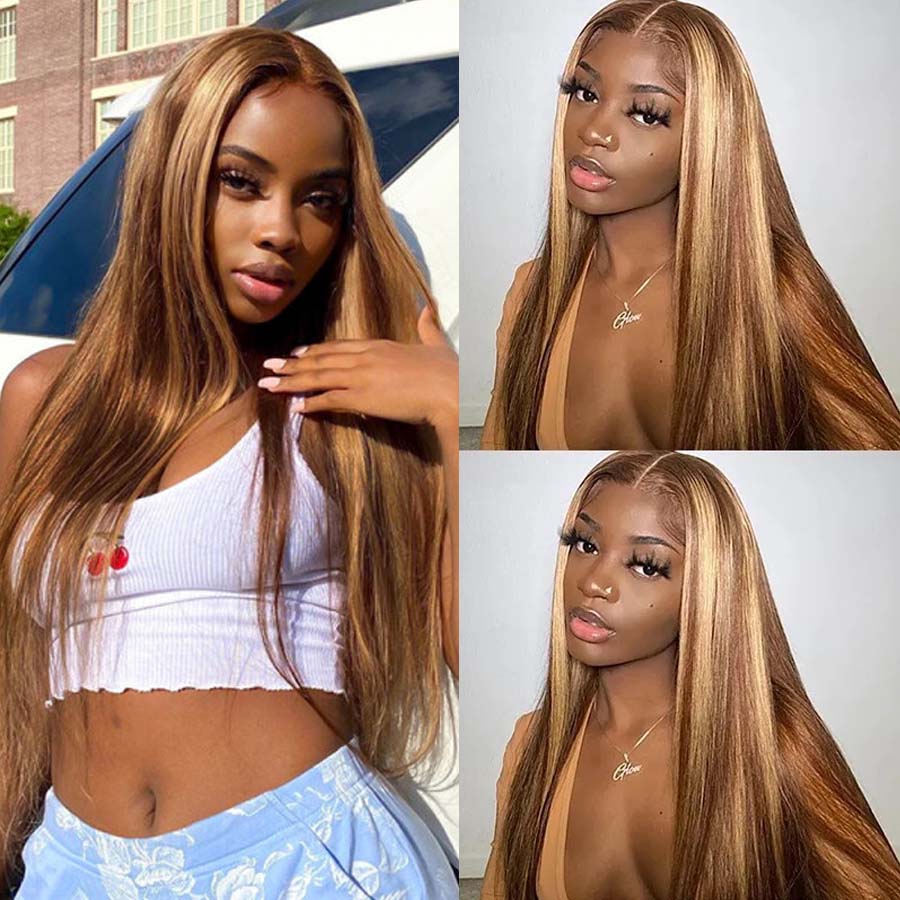 P4/27 Color Honey Blonde Wig Straight Highlighted Human Hair Glueless Lace Closure Wigs-Amanda Hair