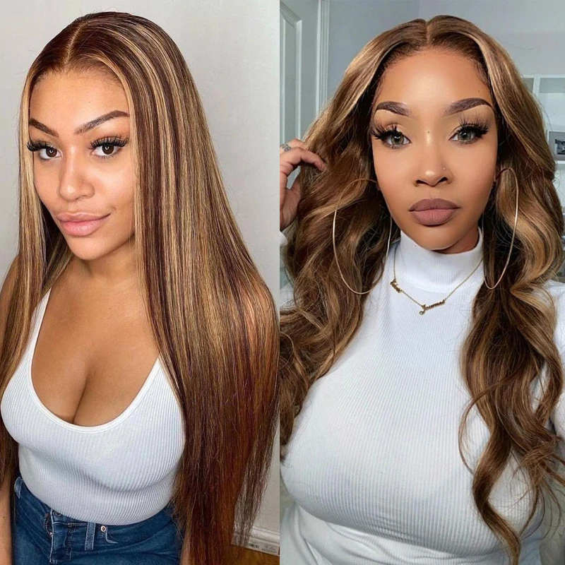 FLASH SALE $99 : P4/27 Color Honey Blonde Wig Straight Highlighted Human Hair 4*4 Lace Closure Wigs-Amanda Hair