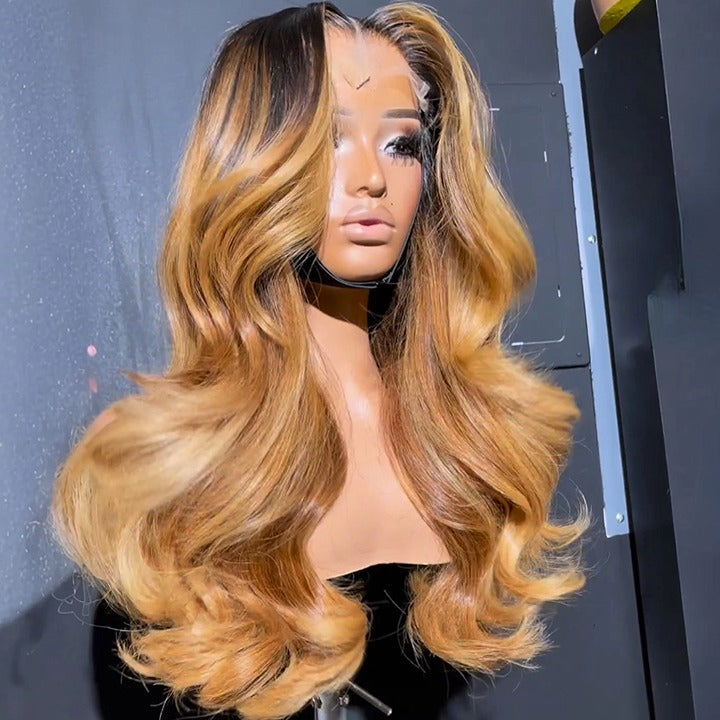 Honey Blonde Mix Light Brown Glueless Body Wave Natural  Human Hair Clear Transparent Lace Front Wigs For Women-Amanda Hair