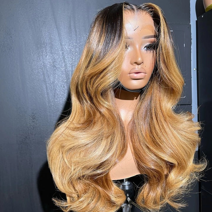 Honey Blonde Mix Light Brown Glueless Body Wave Natural  Human Hair Clear Transparent Lace Front Wigs For Women-Amanda Hair