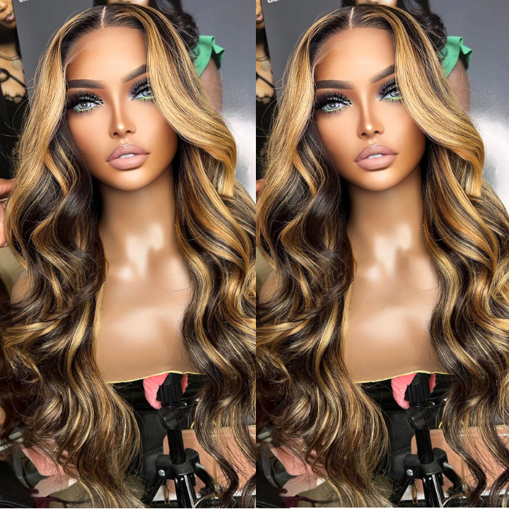 Glueless Human Hair Money Piece Highlight Blonde Body Wave Lace Front Color Wigs-Amanda Hair Clearance Flash Sale