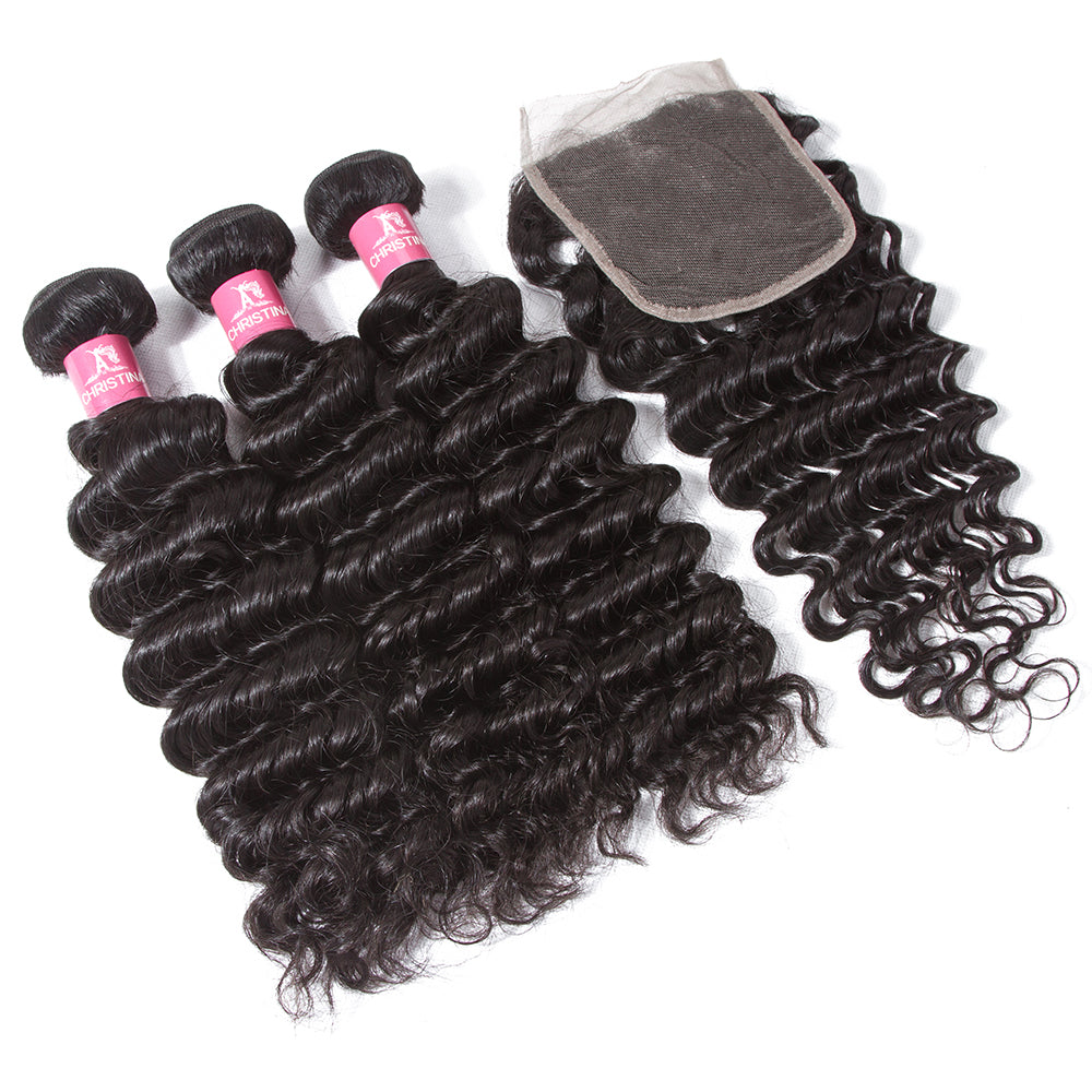 Amanda Peruvian Hair Kinky Curly 3 Bundles With 4*4 Lace Closure 10A Grade 100% Remi Human Hair Soft Shiny Wave Hair