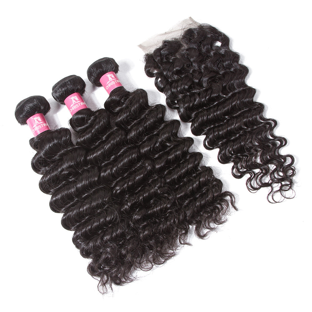 Amanda Malaysian Hair Kinky Curly 3 Bundles With 4*4 Lace Closure 10A Grade 100% Remi Human Hair Soft Shiny Wave Hair