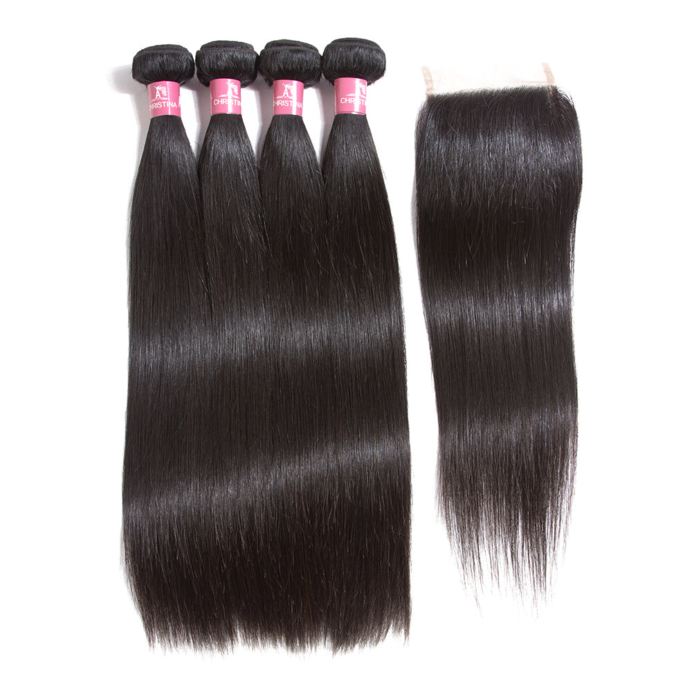 Amanda Peruvian Straight Hair 4 Bundles With 4*4 Lace Closure 10A Grade 100% Remy Human Hair