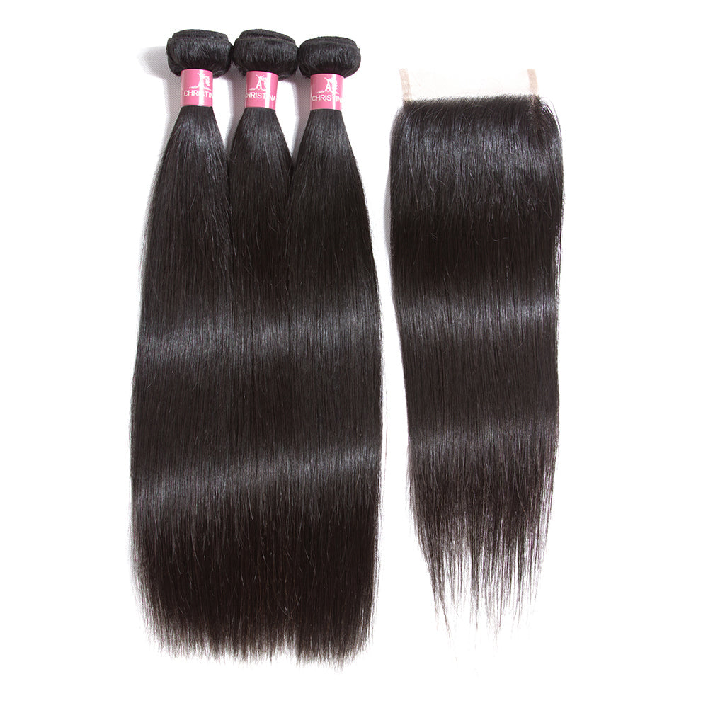 Amanda Peruvian Straight Hair 3 Bundles With 4*4 Lace Closure 10A Grade 100% Remy Human Hair