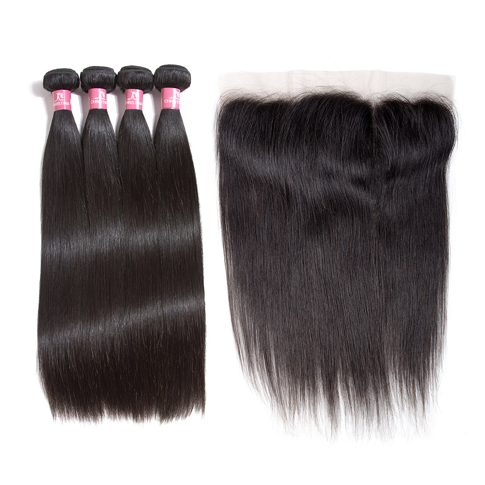 Brazilian Straight Hair 4 Bundles With 13*4 Lace Frontal 10A Grade 100% Remy Human Hair Soft Shiny Wave Hair - Amanda Hair