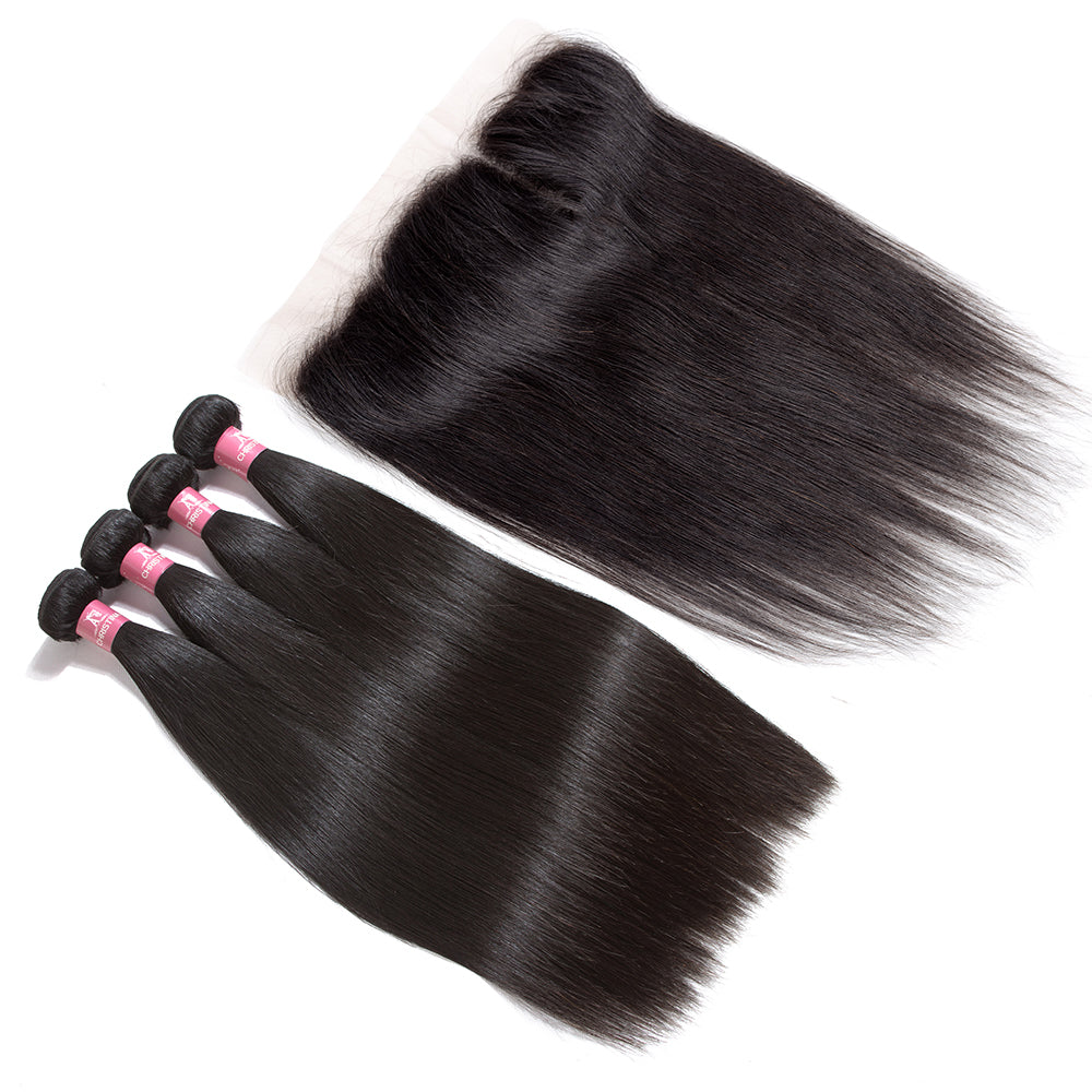Amanda Peruvian Straight Hair 4 Bundles With 13*4 Lace Frontal 10A Grade 100% Remy Human Hair Soft Shiny Wave Hair
