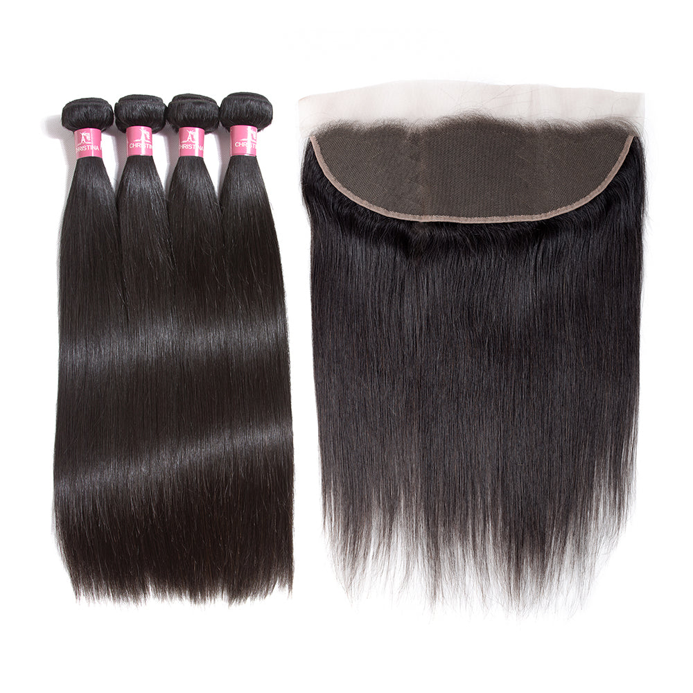 Brazilian Straight Hair 4 Bundles With 13*4 Lace Frontal 10A Grade 100% Remy Human Hair Soft Shiny Wave Hair - Amanda Hair