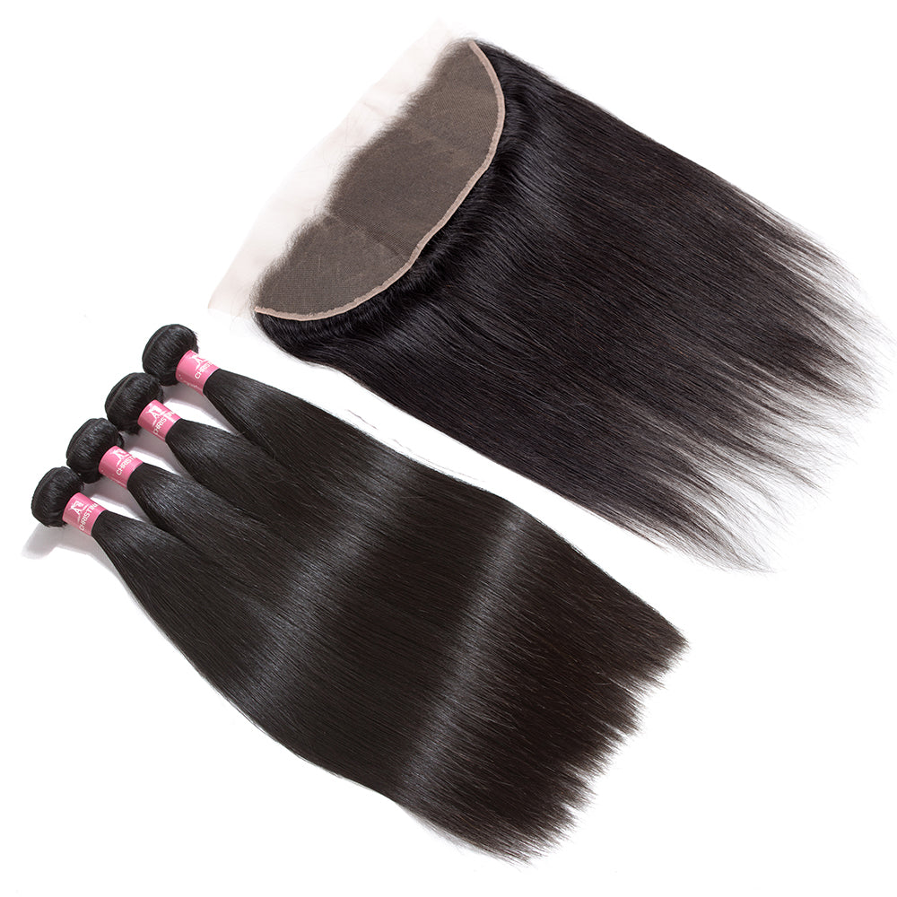 Amanda Peruvian Straight Hair 4 Bundles With 13*4 Lace Frontal 10A Grade 100% Remy Human Hair Soft Shiny Wave Hair