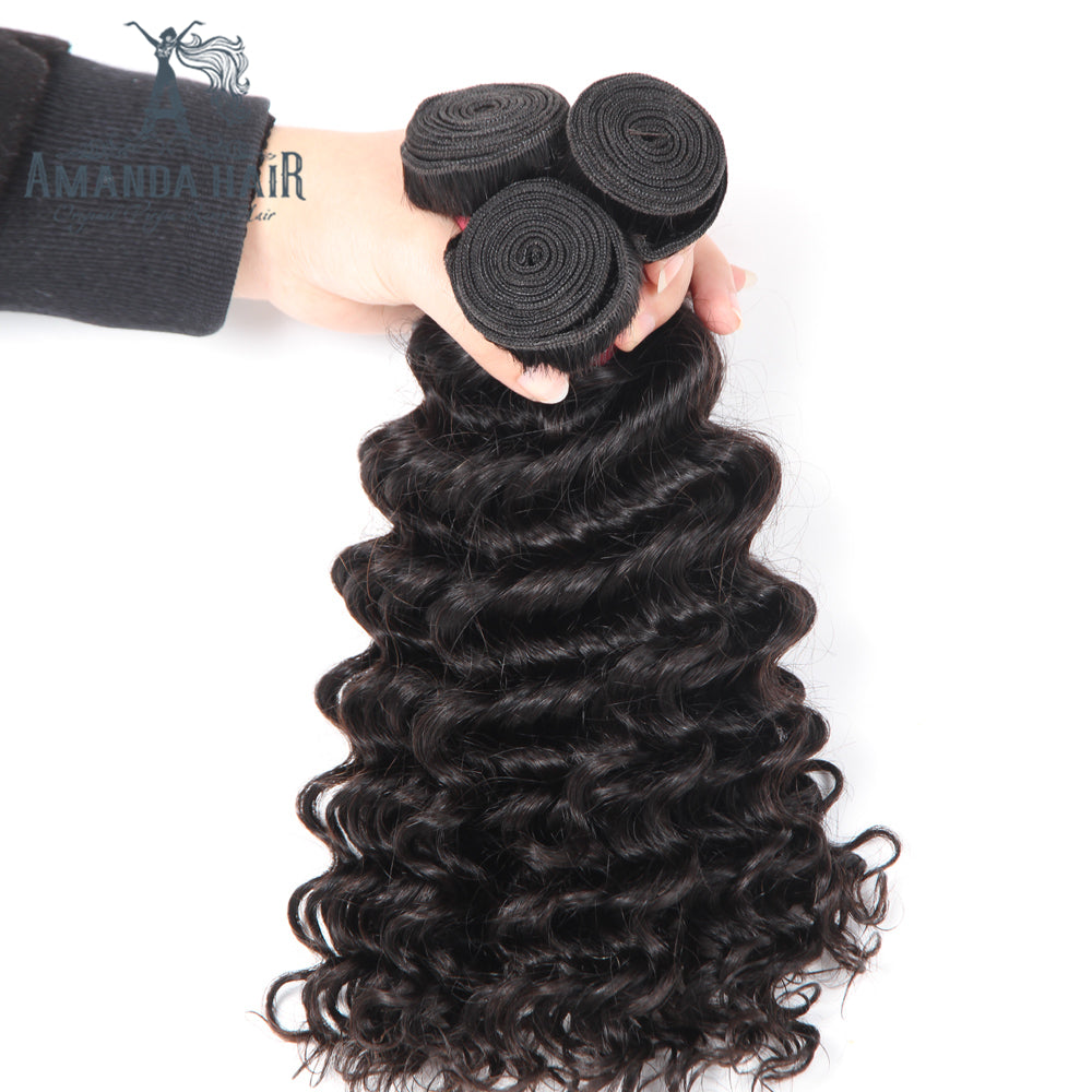 Amanda Peruvian Hair Deep Wave 3 Bundles With 4*4 Lace Closure 9A Grade 100% Unprocessed Human Hair