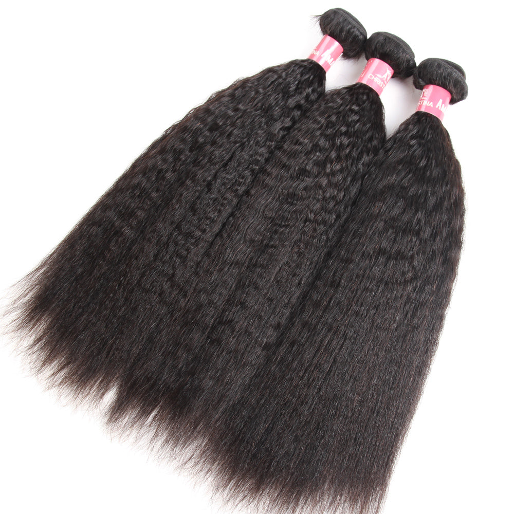 Amanda Malaysian Hair Kinky Straight 3 Bundles With 13*4 Lace Frontal 10A Grade 100% Remi Human Hair Soft Shiny Wave Hair