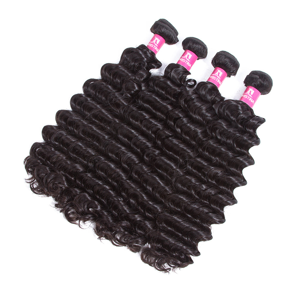 Deep Wave 4 Bundles With 13*4 Lace Frontal Brazilian Hair 10A Grade 100% Remi Human Hair Soft Shiny Wave Hair - Amanda Hair