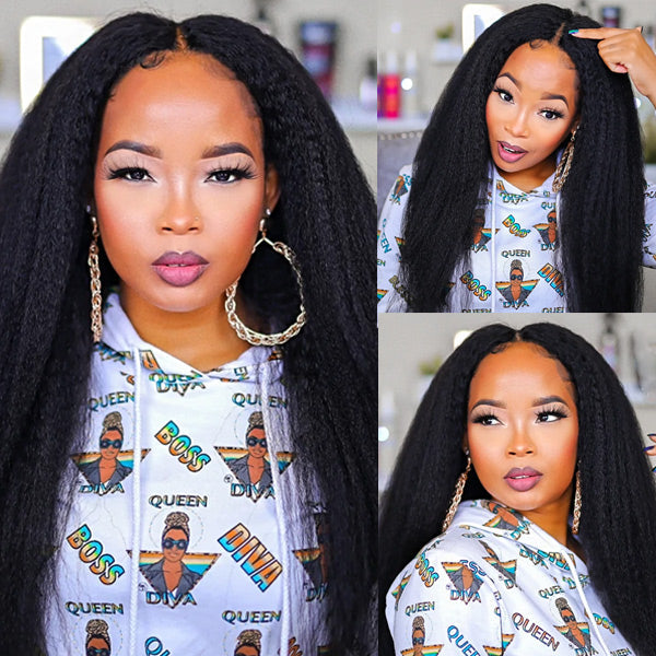 Kinky Straight V Part Wig Beginner Friendly Undetectable No Leave Out Natural Scalp Protective Upgrade Glueless Human Hair Wigs- Amanda Hair