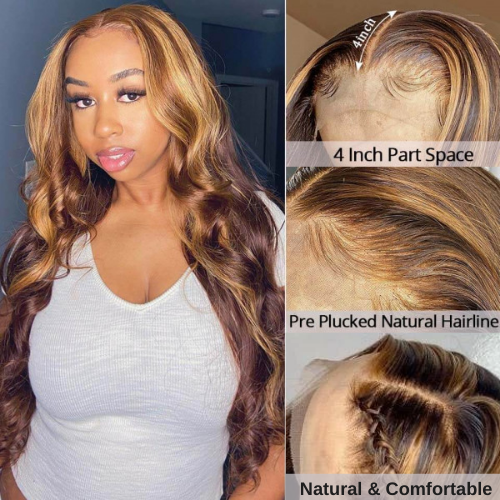 Straight Hair Ombre Honey Blonde Color T Part Lace Frontal Highlights Wig-Amanda Hair