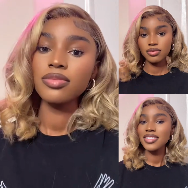 Extra 38% Off Clearance Ombre Ash Blonde Brazilian Straight Short Bob Wigs Transparent Lace Frontal Wig Pre Plucked Glueless Lace Wigs -Amanda Hair