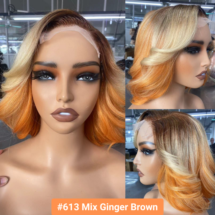 Ombre Brown To 613# Brazilian Short Layer Bob Body Wave Glueless Lace Wigs TransparentStunning Gradient Lace Frontal Wig Pre Plucked Glueless Lace Wigs No Code Needed -Amanda Hair