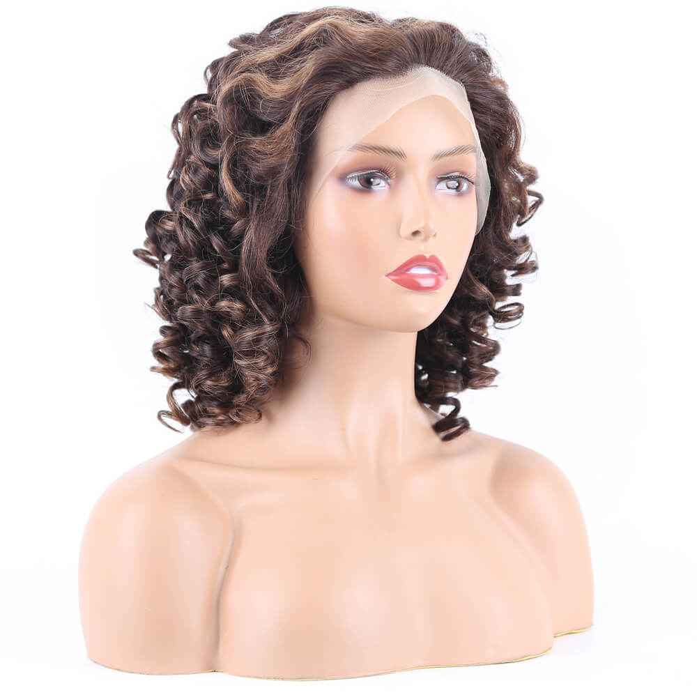 Pre Plucked Bouncy Wand Curl Hair T Part Lace Front Human Hair Color Wig Bleached Knots - Amanda Hair