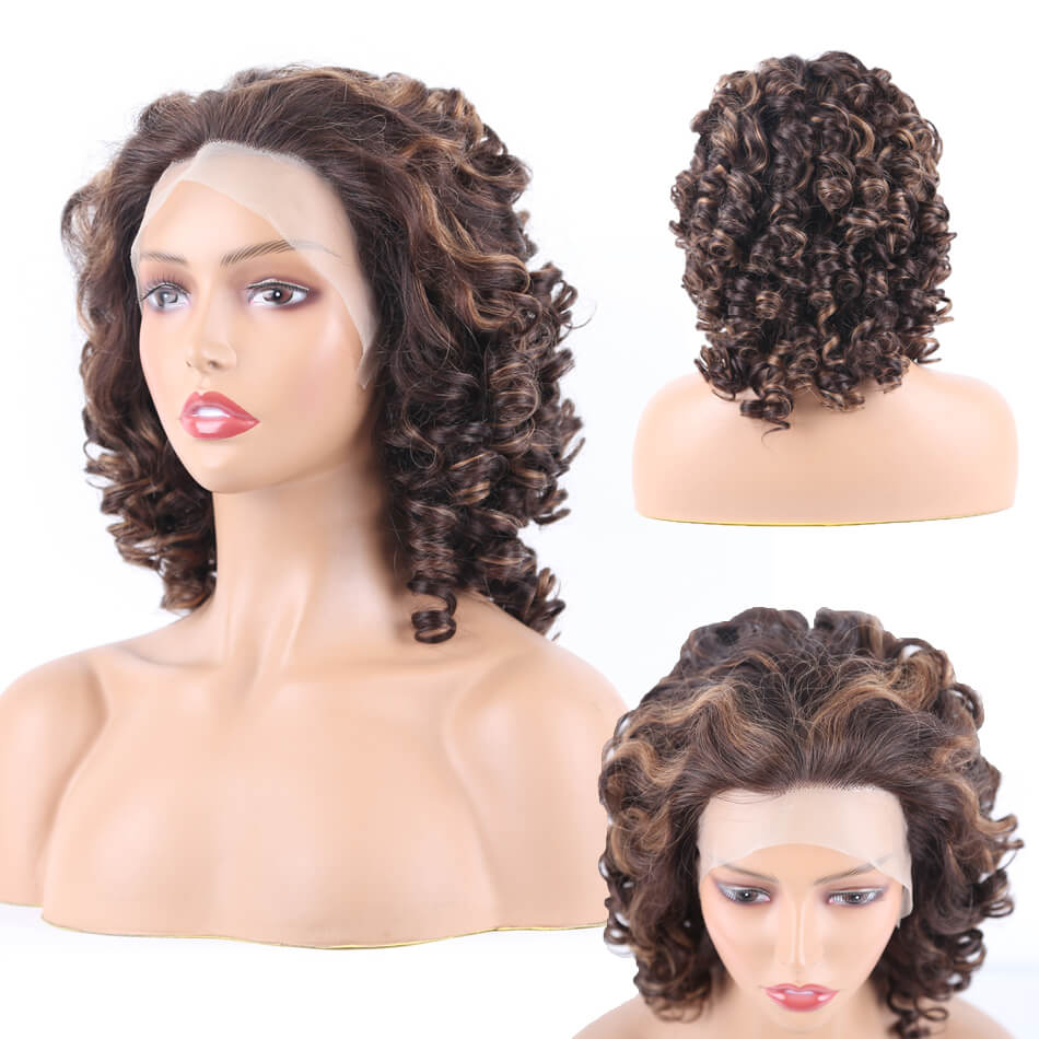 Pre Plucked Bouncy Wand Curl Hair T Part Lace Front Human Hair Color Wig Bleached Knots - Amanda Hair