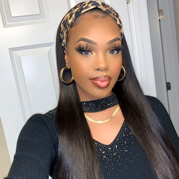 Amanda Headband Straight Human Hair Glueless Wig Natural Black Color With Pre-Attached Scalf