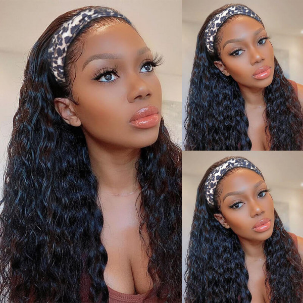 Amanda Water Wave Glueless Headband Human Virgin Hair Wigs With Pre-Attached Scalf