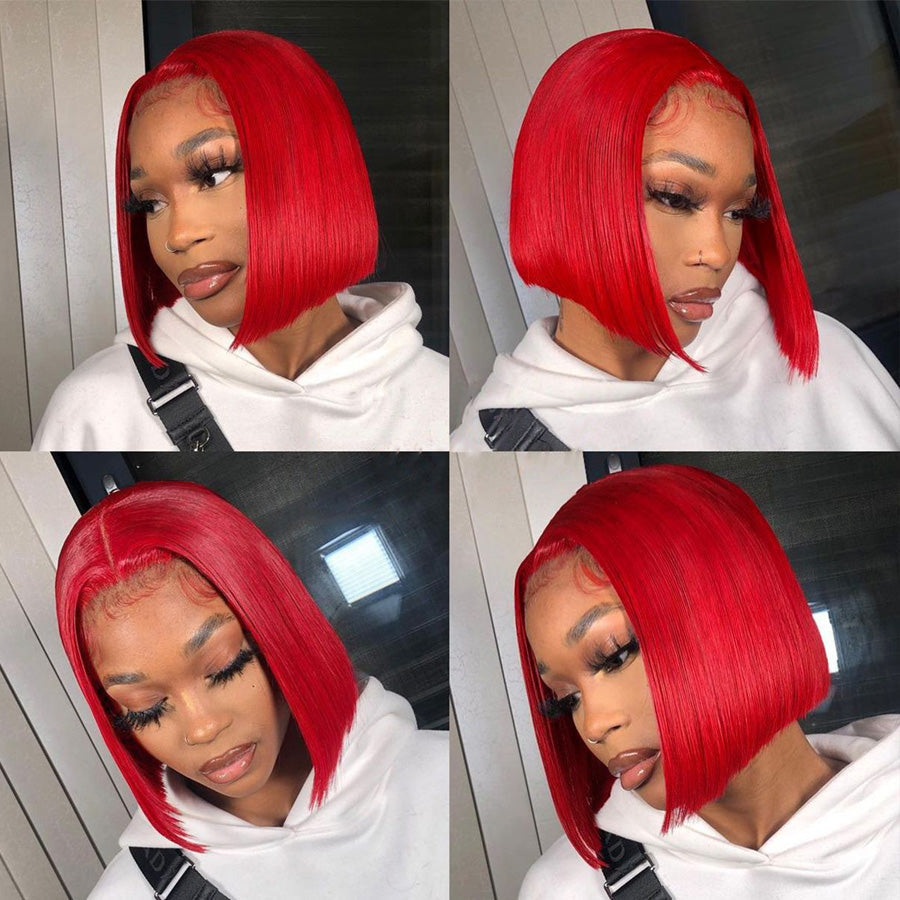 Colored Red Straight Hair Lace Front Bob Wig Human Hair Wigs Pre Plucked Brazilian Remy Hair Lace Frontal Wig-Amanda Hair