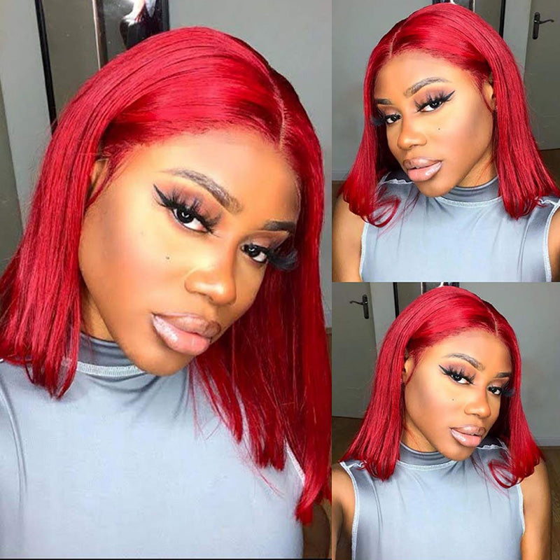Colored Red Straight Hair Lace Front Bob Wig Human Hair Wigs Pre Plucked Brazilian Remy Hair Lace Frontal Wig-Amanda Hair