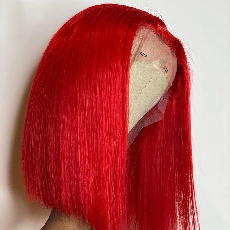 Colored Red Straight Hair Lace Front Bob Wig Human Hair Wigs Pre Plucked Brazilian Remy Hair Lace Frontal Wig-Amanda Hair