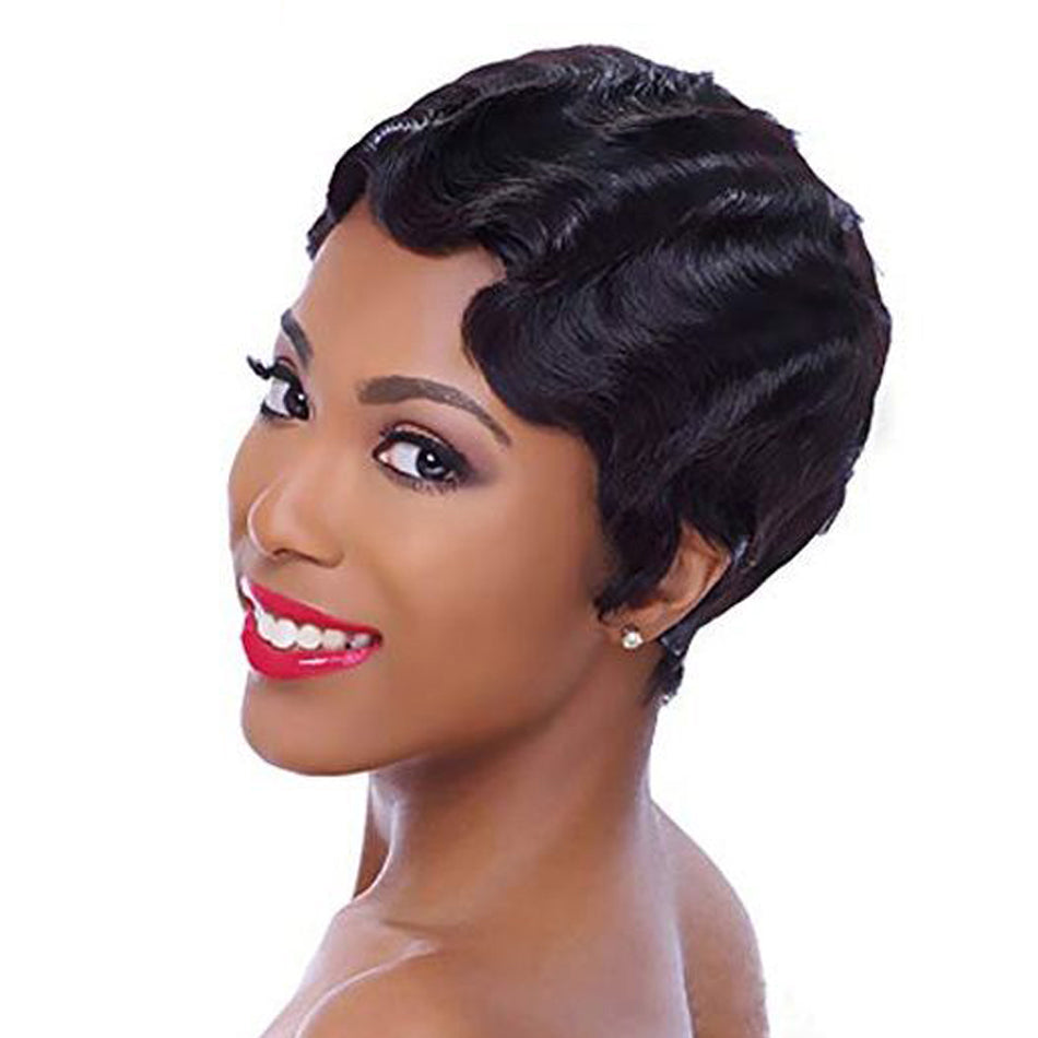 Pixie Cut Finger Wave Wig Machine Made Gluless Human Hair Wavy Wigs-Amanda Hair