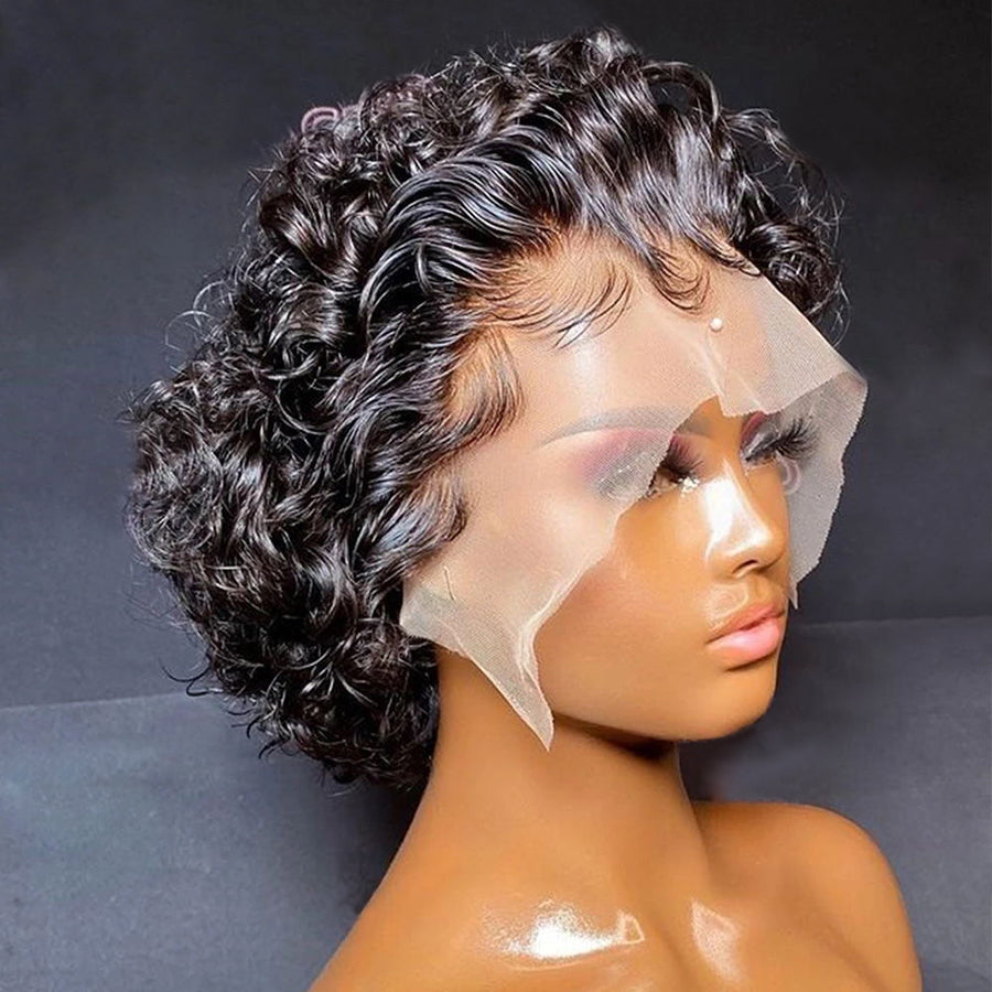 Short Pixie Cut Wig Transparent Lace Human Hair Wigs For Women Curly Frontal Wig Side Part Bob Wig 13x1 Short Lace Part Wigs-Amanda Hair