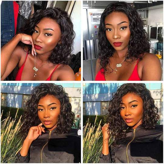 Water Wave Short Bob Wigs Human Hair T Part Lace Front Wig Pre Plucked Natural Hair Liner-Amanda Hair