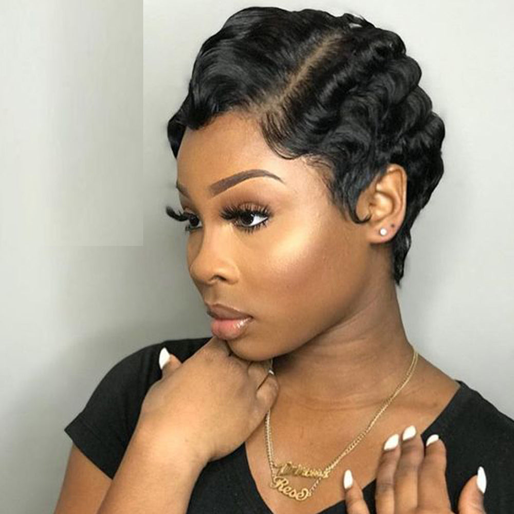 Pixie Cut Finger Wave Wig Machine Made Gluless Human Hair Wavy Wigs-Amanda Hair