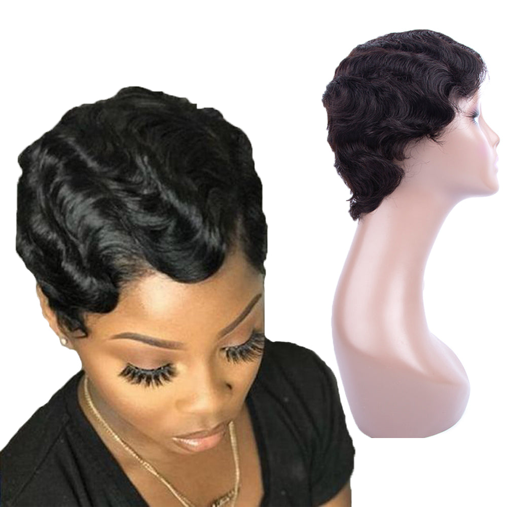Pixie Cut Finger Wave Wig Machine Made Gluless Human Hair Wavy Wigs-Amanda Hair