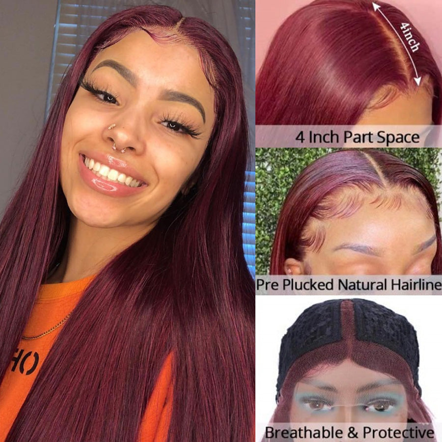 Straight Human Hair 99J Burgundy Wig 4*4 Lace Frontal Colored Wigs-Amanda Hair
