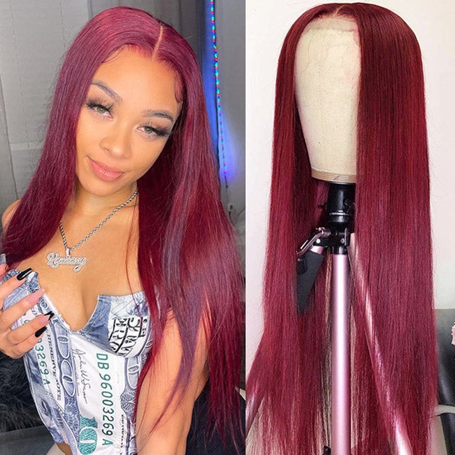 Straight Human Hair 99J Burgundy Wig 4*4 Lace Frontal Colored Wigs-Amanda Hair