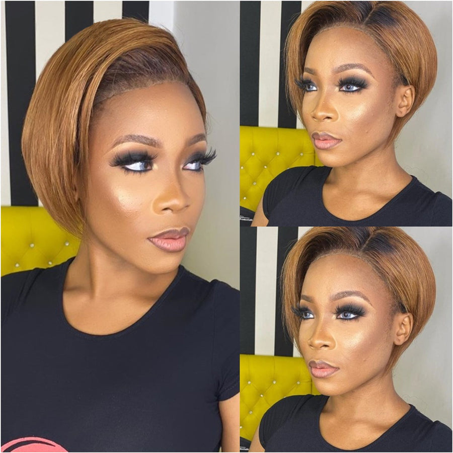 Straight Short Bob Side Part Lace Front Pixie Cut Wigs With Bang Cuticle Aligned Glueless Transparent 13*4 Lace Frontal Bob Wig - Amanda Hair