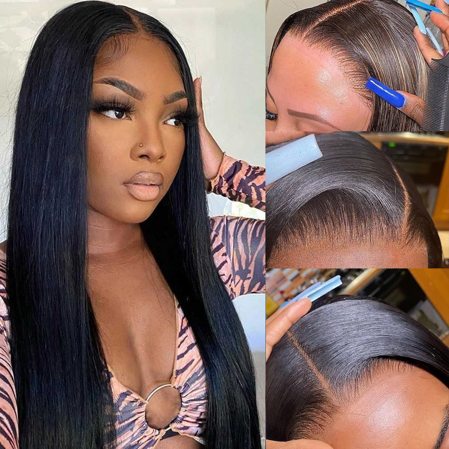 150% Density Straight Human Hair Lace Part Wigs Natural Hairline Middle Part Frontal Wig - Amanda Hair