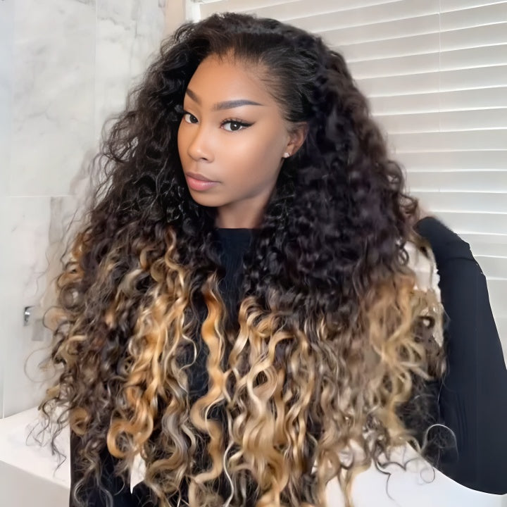BOGO Free|  Two Tone Ombre Honey Blonde Glueless Curly Clear Transparent Lace Wig Flash Sale