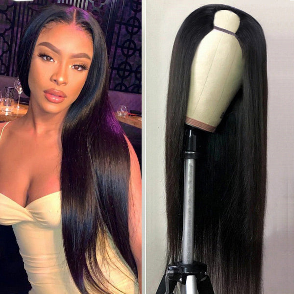 U Part Shape Leave Out Glueless Wigs Remy Brazilian Hair Straight Wig For Black Women 150% Density - Amanda Hair