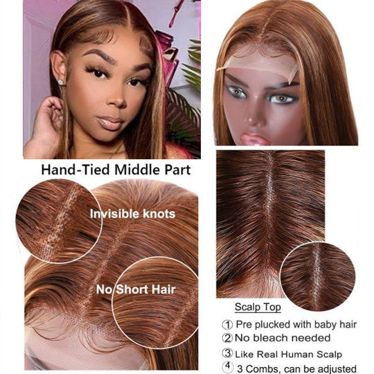 5*5 HD Lace Wig Highlight Closure Wig Brazilian Straight Virgin Human Hair Wigs Honey Blonde Highlights-Amanda Hair