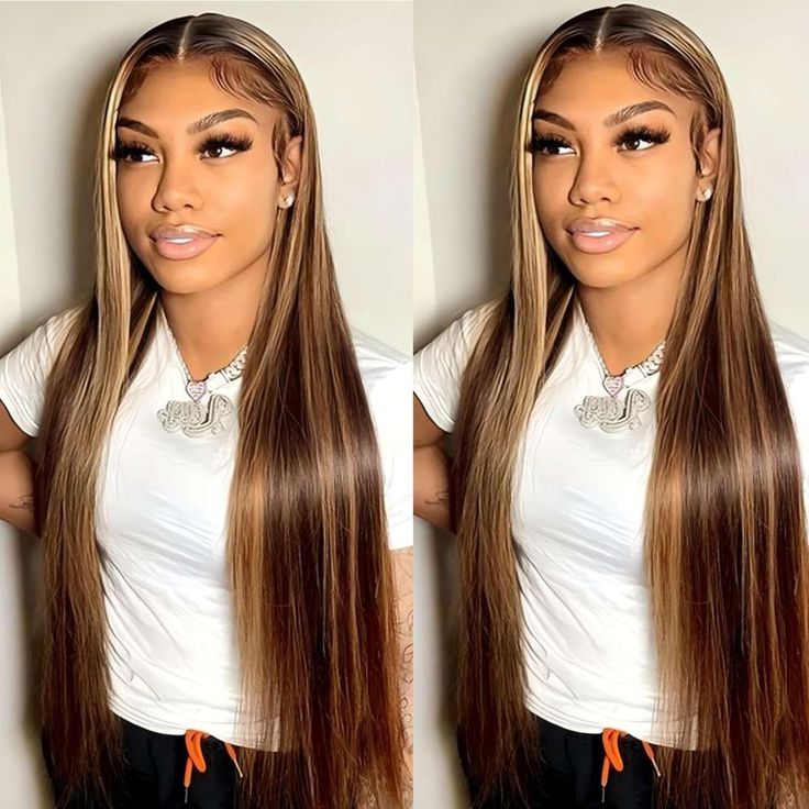 Glueless Sikly Straight Human Hair Clear Transparent Lace Front Highlihgt Honey Brown Piano  Colored Wigs For Women-Amanda Hair